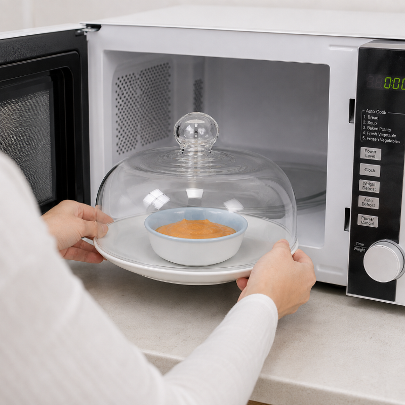 Cloche micro onde en verre couvrant une assiette de nourriture pour bébé