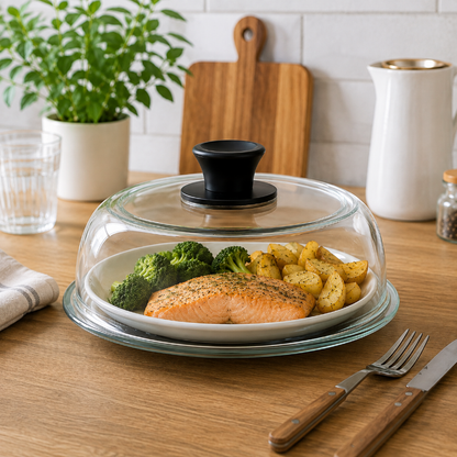 Cloche micro onde en verre couvrant un repas de saumon, brocolis et pommes de terre sur une table de cuisine.