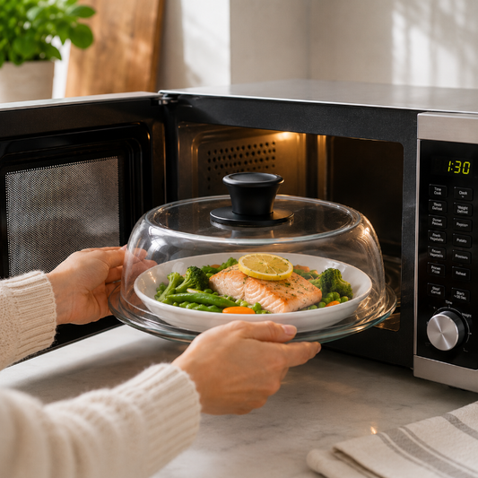 Cloche micro onde en verre couvrant une assiette de saumon et légumes prête à être réchauffée au micro-ondes