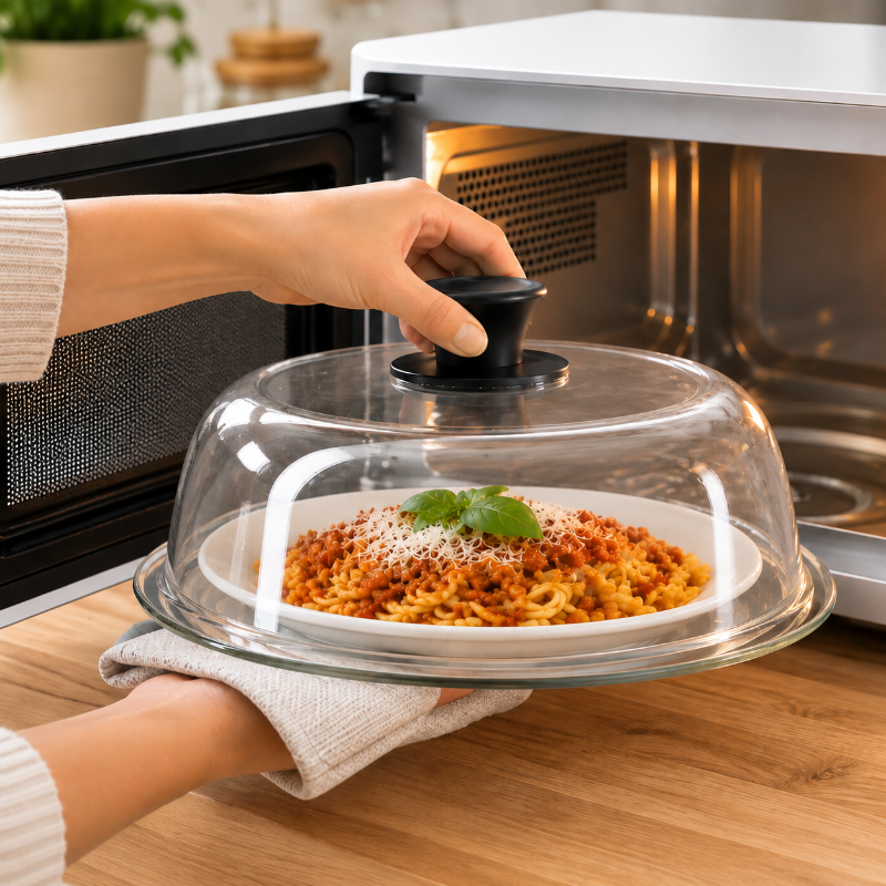 Cloche micro onde en verre couvrant une assiette de spaghettis à la sauce tomate pour un réchauffage propre au micro-ondes.