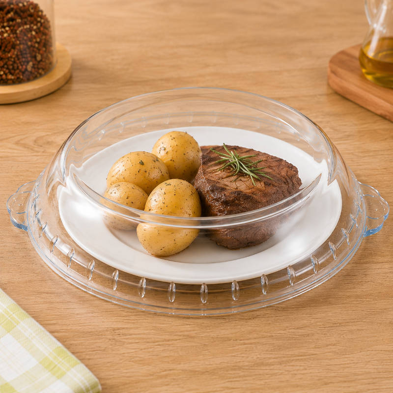 Cloche pour micro onde en verre couvrant un repas avant réchauffage