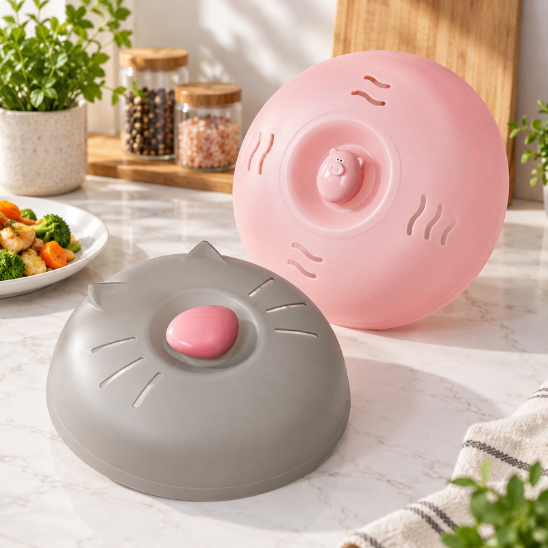 cloche micro onde grise et rose sur un plan de travail