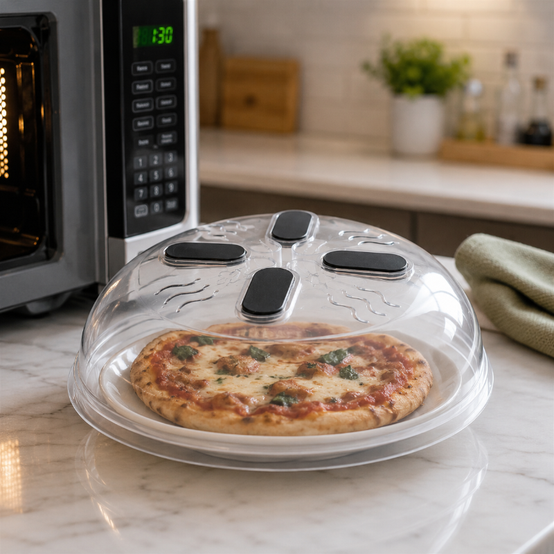 cloche micro onde pour pizza réchauffée sur comptoir de cuisine
