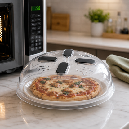 cloche micro onde pour pizza réchauffée sur comptoir de cuisine