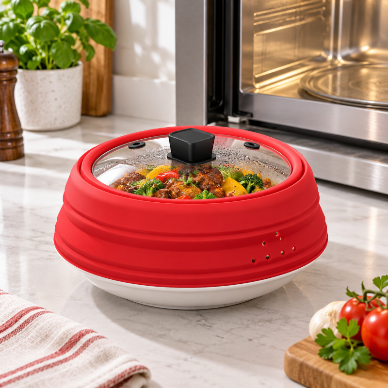 cloche micro onde rouge plat chaut protege