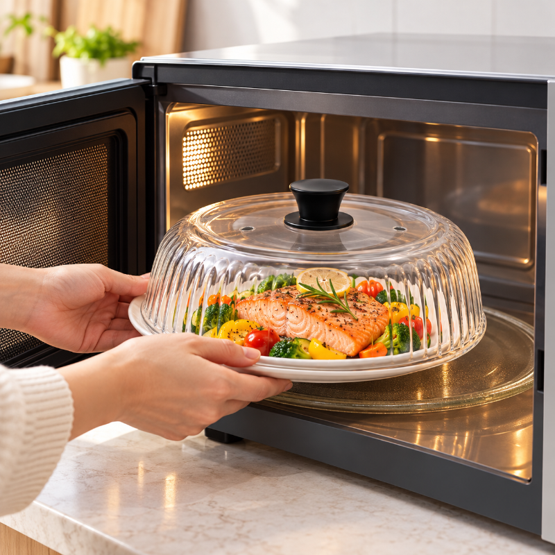 Cloche en verre strie pour micro-ondes protegeant un plat de saumon et legumes des eclaboussures