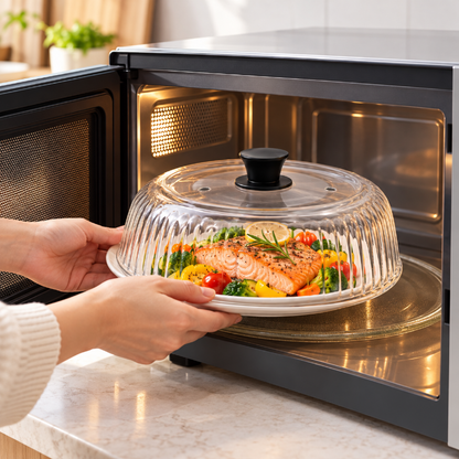 Cloche en verre strie pour micro-ondes protegeant un plat de saumon et legumes des eclaboussures