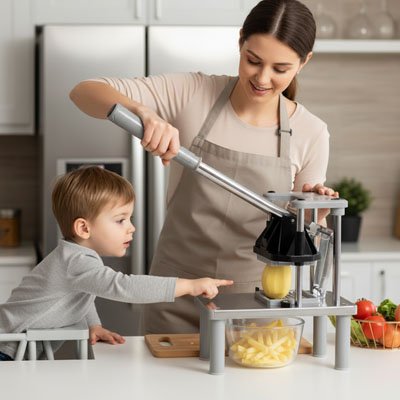 Coupe frite utilisé par une maman et son fils