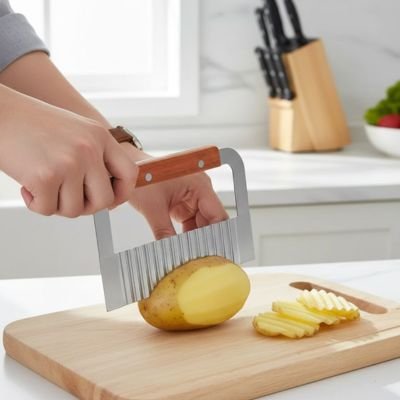 Coupe frites sur une planche à découper bois