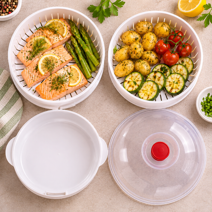 Cuiseur vapeur micro-ondes avec saumon, asperges et légumes pour une cuisson sur deux niveaux