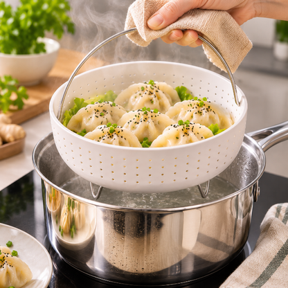 Panier vapeur en céramique avec ravioli, fond perforé et pieds surélevés retrait casserole inox