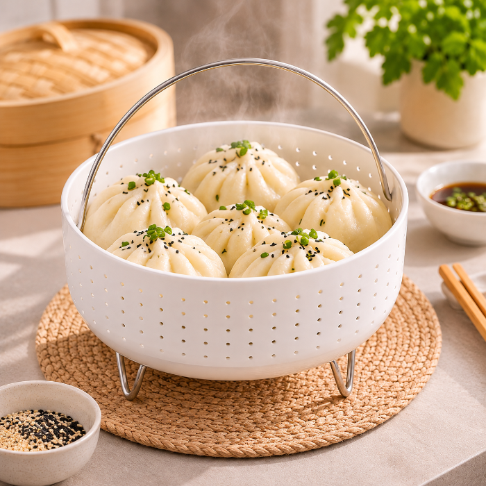 Cuiseur vapeur en céramique garni de bouchées vapeur maison, dans une présentation gourmande et raffinée