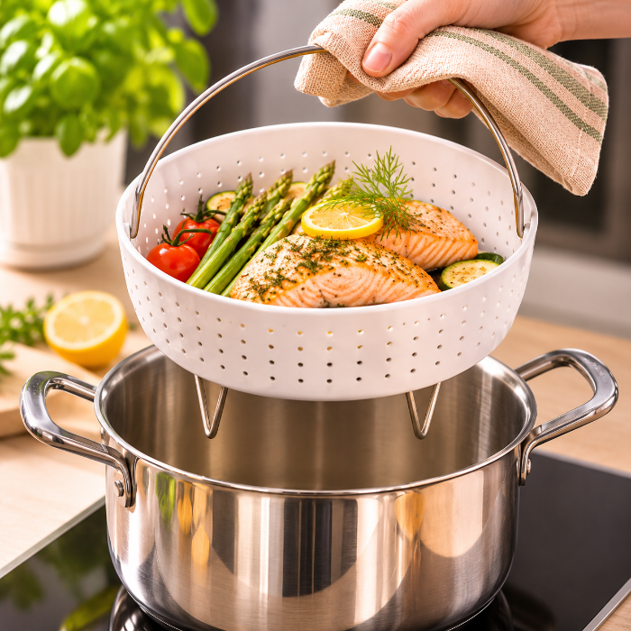 Cuiseur vapeur en céramique retiré d'une casserole en inox grâce à son anse métallique, avec saumon et légumes