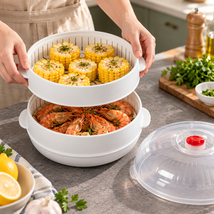 Cuiseur vapeur micro-ondes crevettes et mais