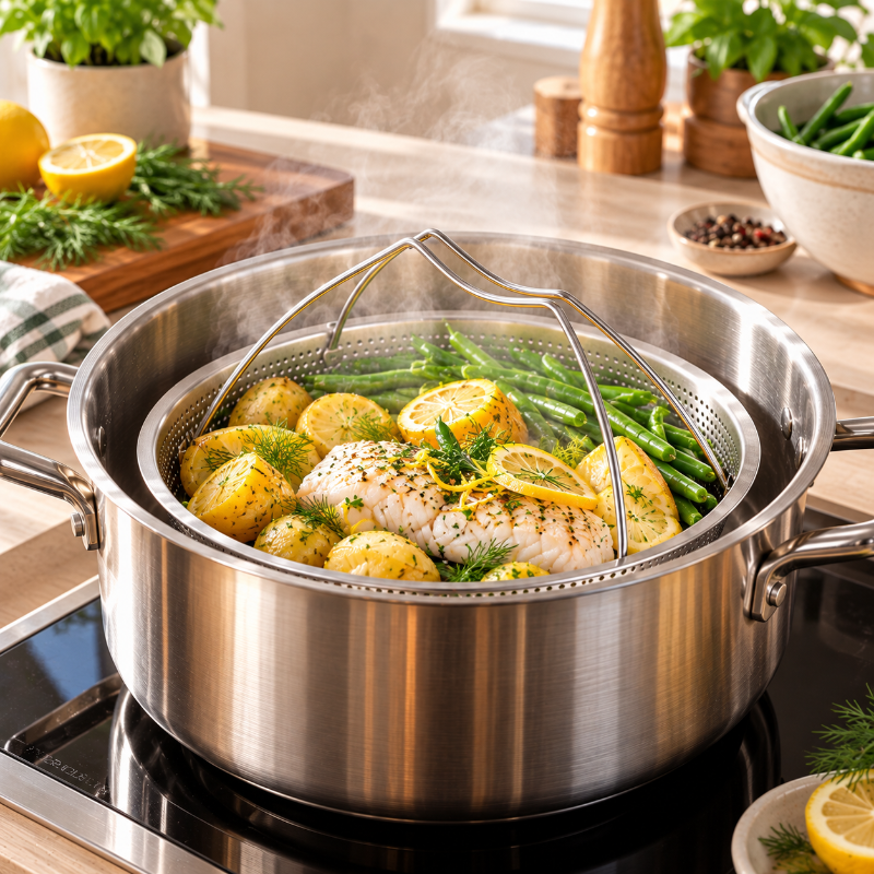 Cuisson vapeur de poisson et légumes dans un panier inox pour des repas légers et savoureux