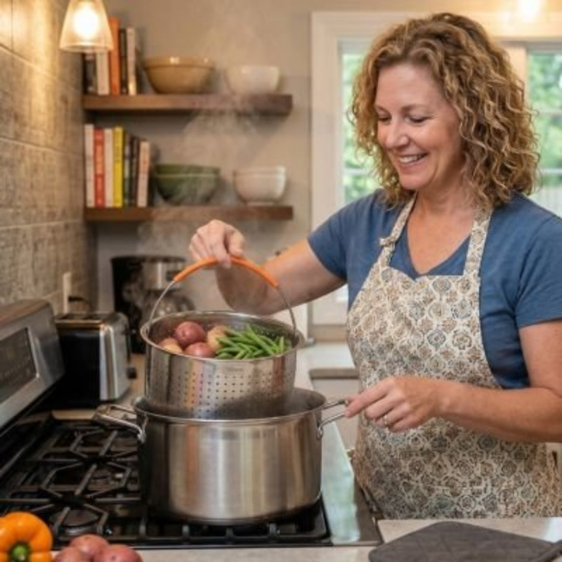 Cuit vapeur en acier inoxydable avec fond perforé pour une cuisson vapeur homogène
