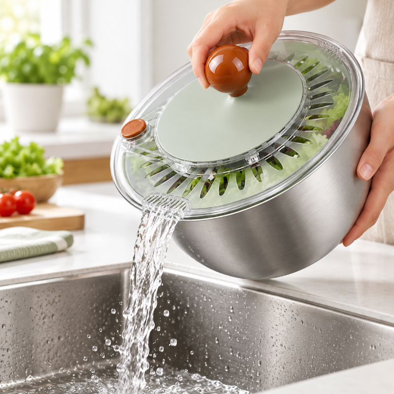essoreuse à salade 2 en 1 panier égouttoir et bol inox pour plus de polyvalence