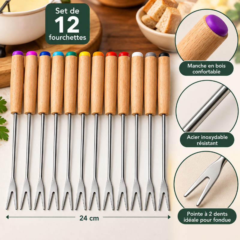 fourchette a fondue set de 12 manche bois pointes inox