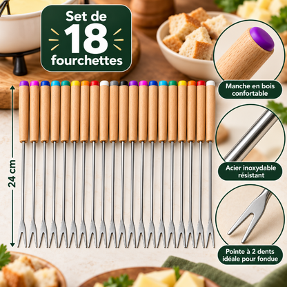 fourchettes a fondue set de 18 manches bois couleurs reperage