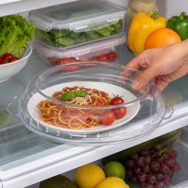 Cloche micro onde en verre pour réchauffer une assiette de pate réfrigéré