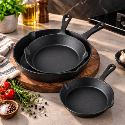 lot de 3 poêles en fonte noire pour varier les cuissons