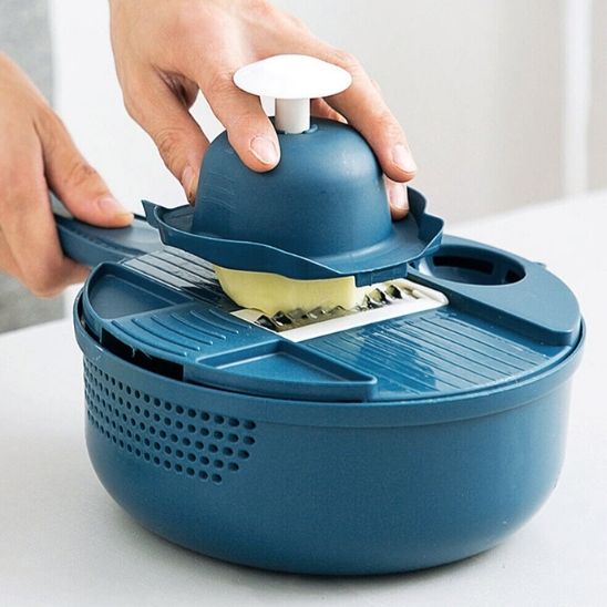mandoline cuisine avec protege mains bleu