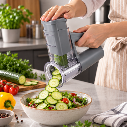 Mandoline électrique grise tranchant du concombre rapidement pour une salade fraîche