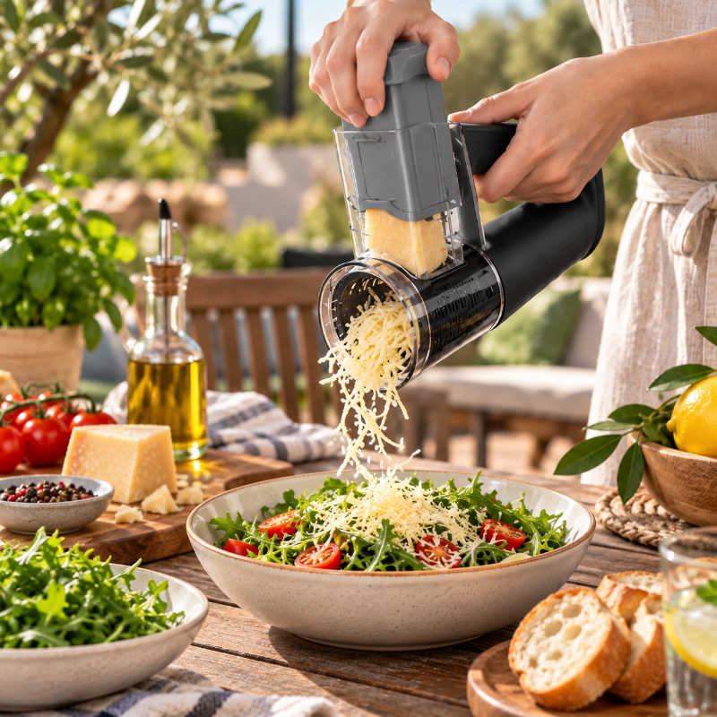 Mandoline électrique portable pour râper du fromage directement sur un plat