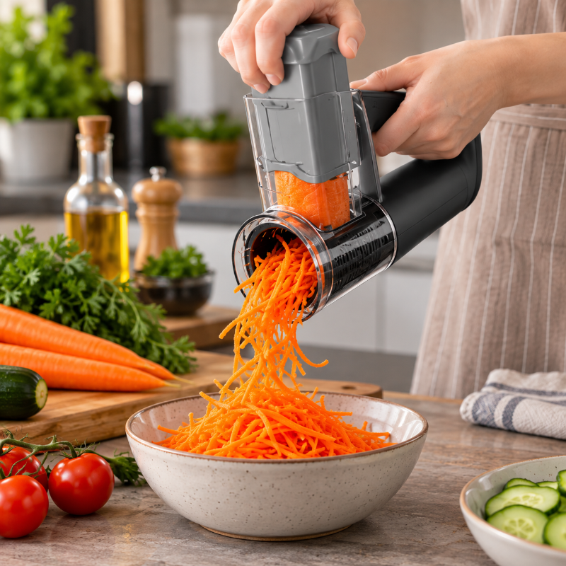 Mandoline électrique râpant des carottes directement dans un saladier