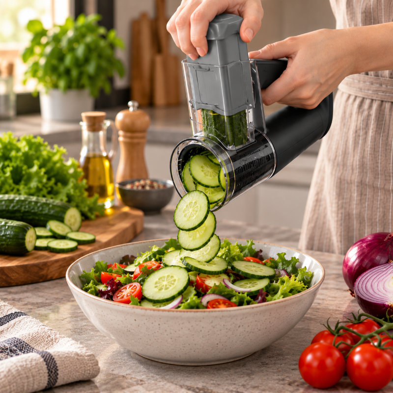 Mandoline électrique tranchant un concombre en rondelles pour salade