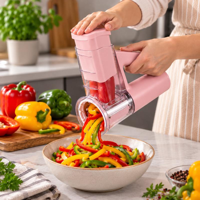 Mandoline électrique rose découpant des poivrons colorés en fines lamelles