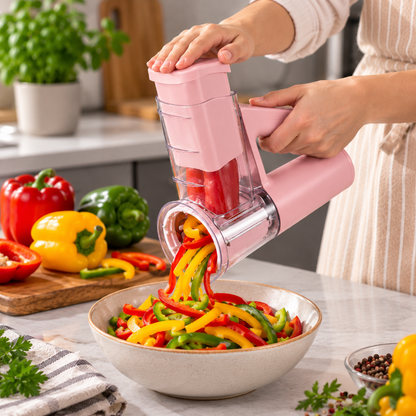 Mandoline électrique rose découpant des poivrons colorés en fines lamelles