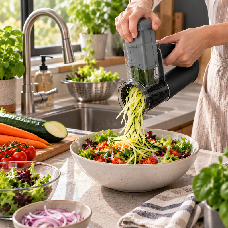 Mandoline électrique découpant une courgette pour une préparation maison