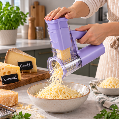 Mandoline électrique violette râpant du Comté rapidement directement dans un bol