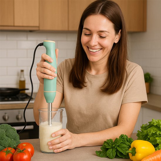 Mixeur plongeant en utilisation par une femme