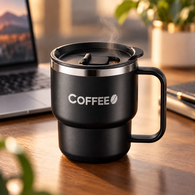 Mug isotherme café noir couvercle coulissant garde chaud