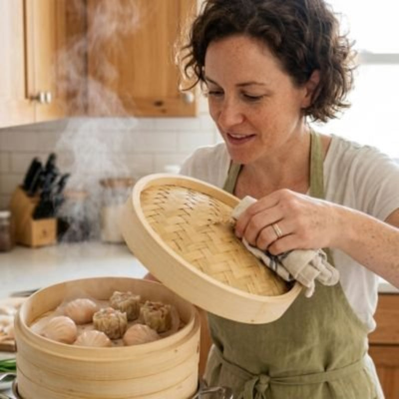 Panier vapeur bambou 3 étages avec couvercle pour cuisiner plusieurs aliments simultanément