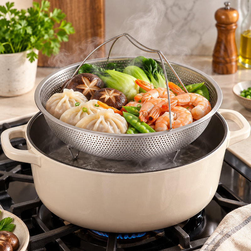 Panier vapeur inox perforé avec légumes et raviolis, cuisson douce pour des repas savoureux