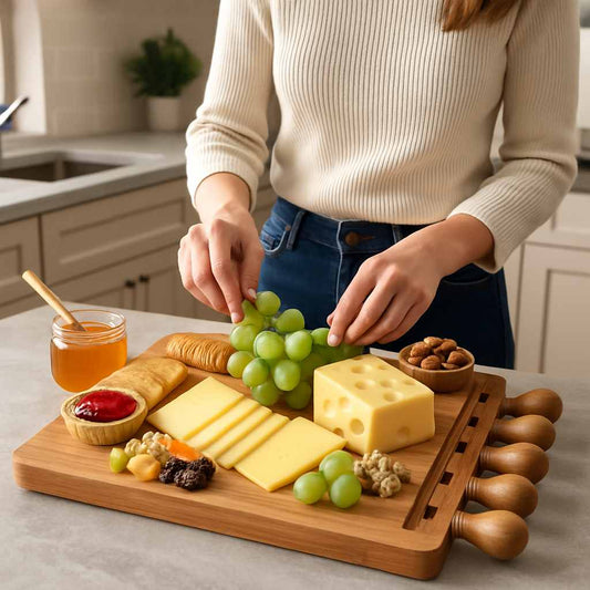 planche-a-decouper-bois-ustensiles-de-service-de-fromage-sur-un-plan-de-travail