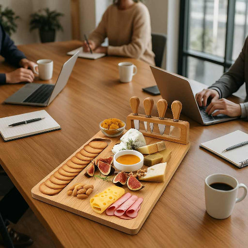 planche-a-decouper-bois-ustensiles-de-service-de-fromage-sur-une-table-de-reunion
