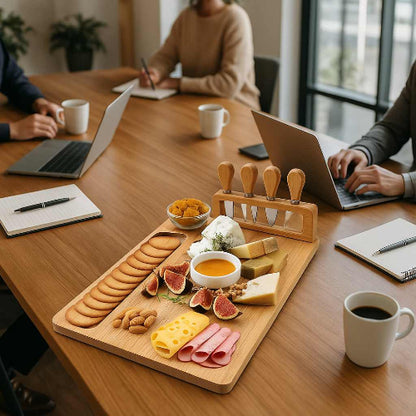 planche-a-decouper-bois-ustensiles-de-service-de-fromage-sur-une-table-de-reunion