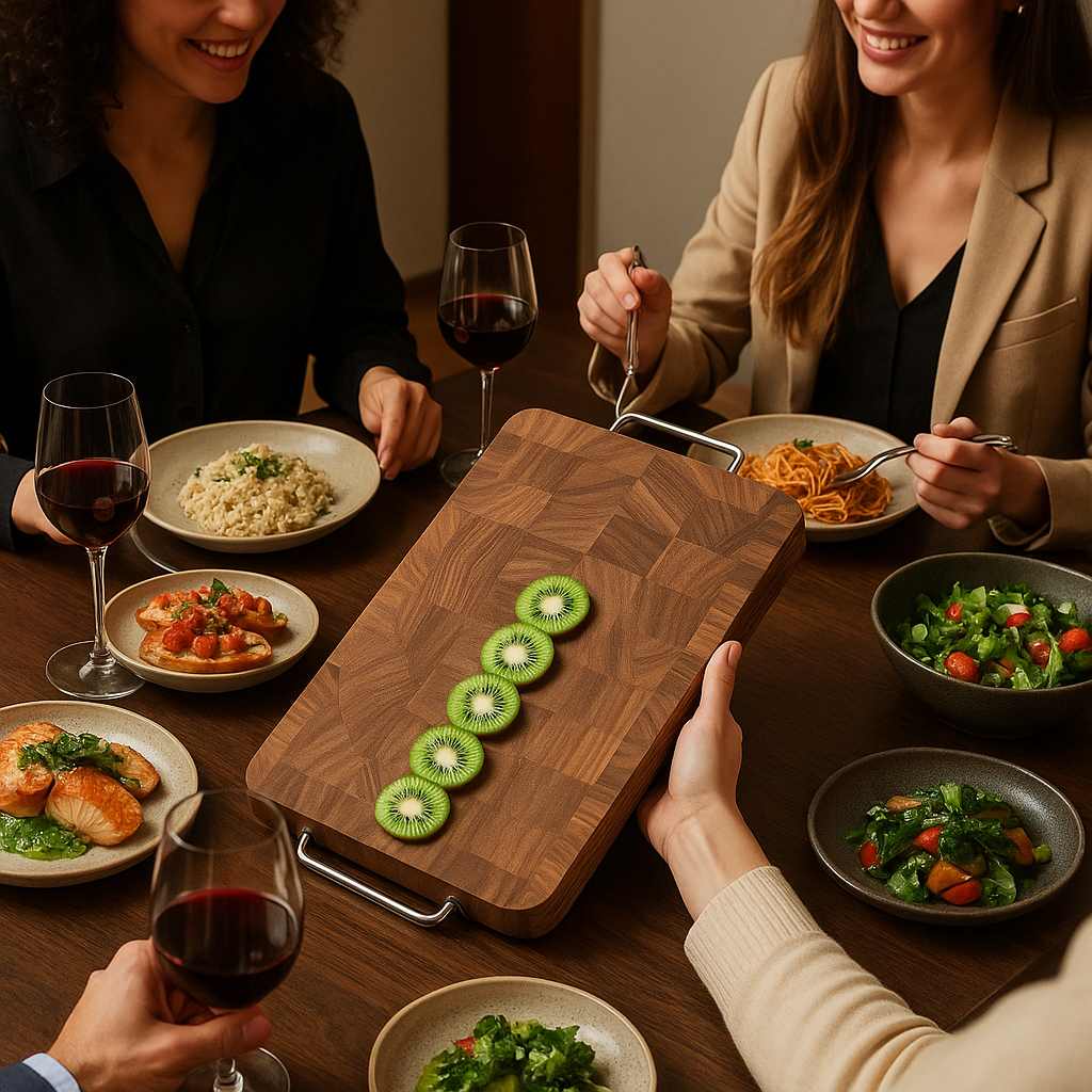 planche-a-decouper-bois-utilise-a-un-repas-entre-amis