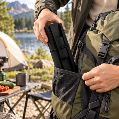 planche a decouper compacte dans un sac de camping noire