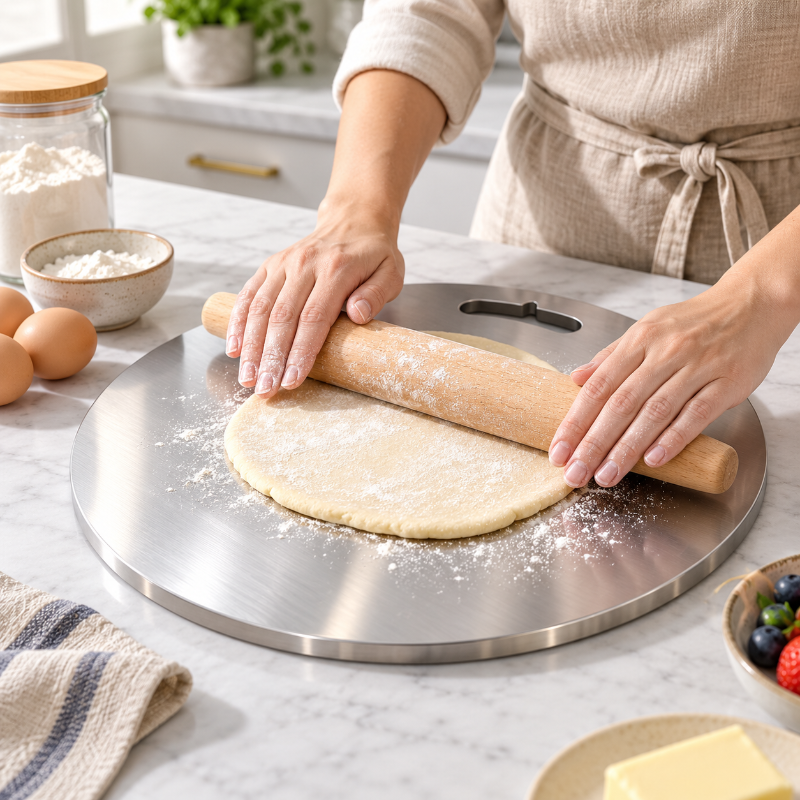planche a decouper inox ronde pour patisserie et pate