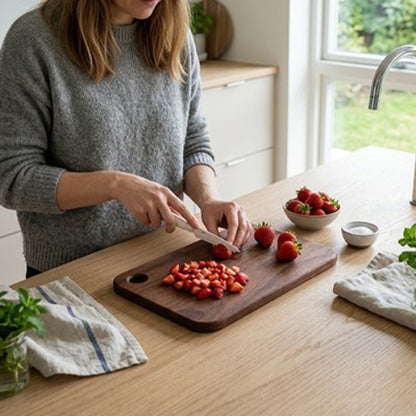 Planche à découper noyer utilisée pour préparer des légumes