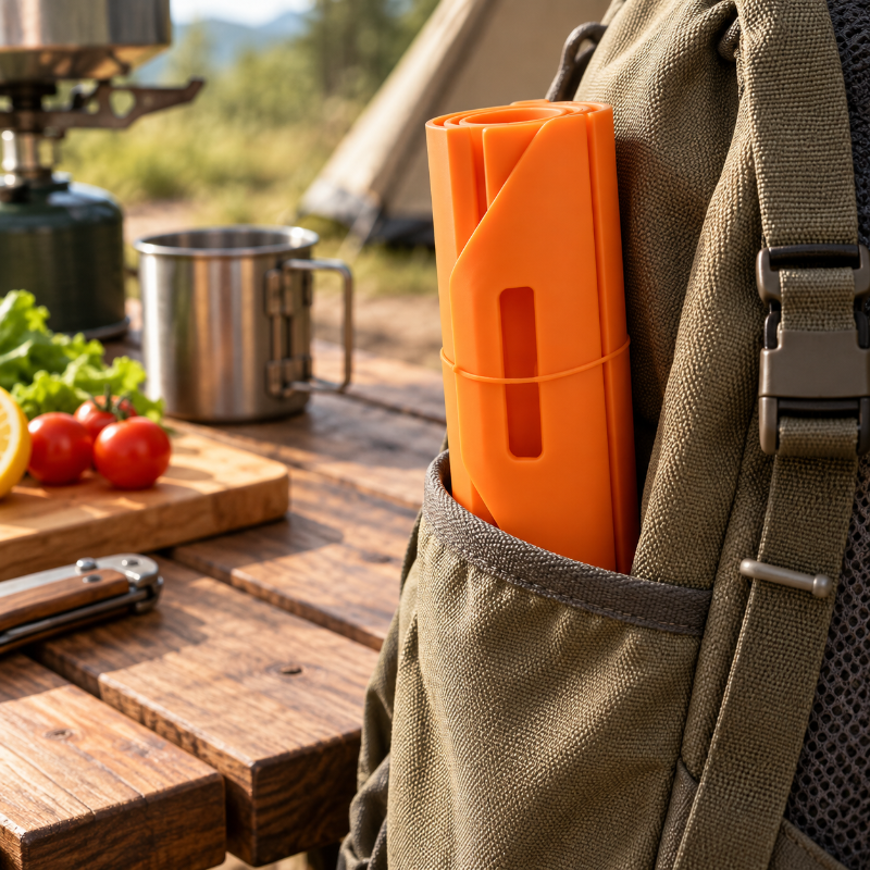 planche a decouper orange dans un sac de camping