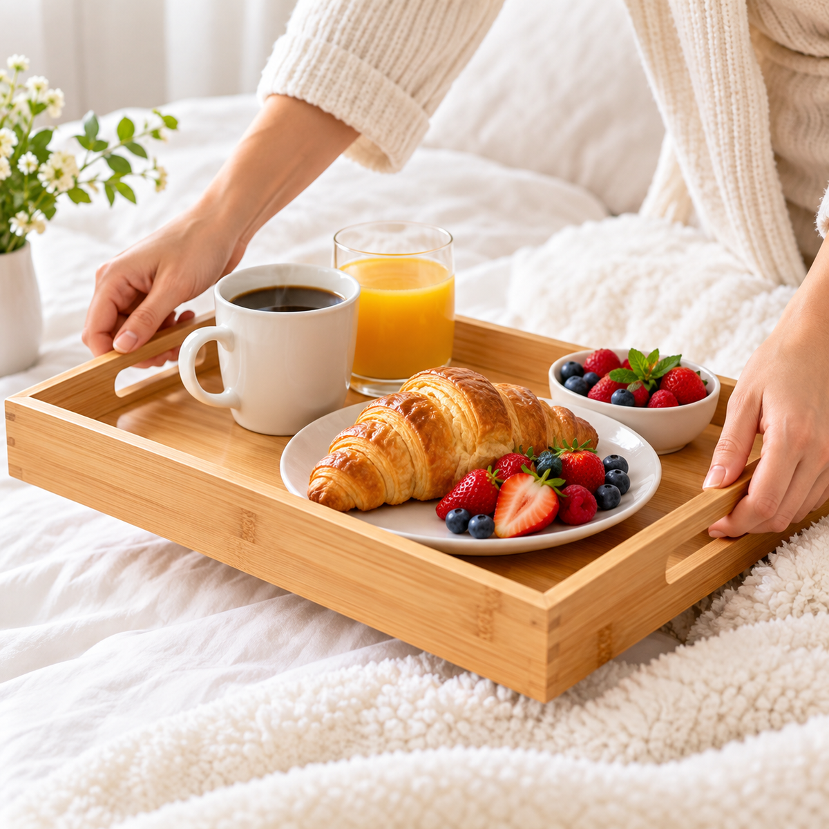 Plateau de service en bambou avec poignées