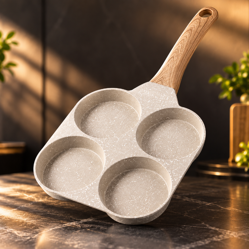 poêle crêpes induction blanche 4 empreintes avec manche effet bois