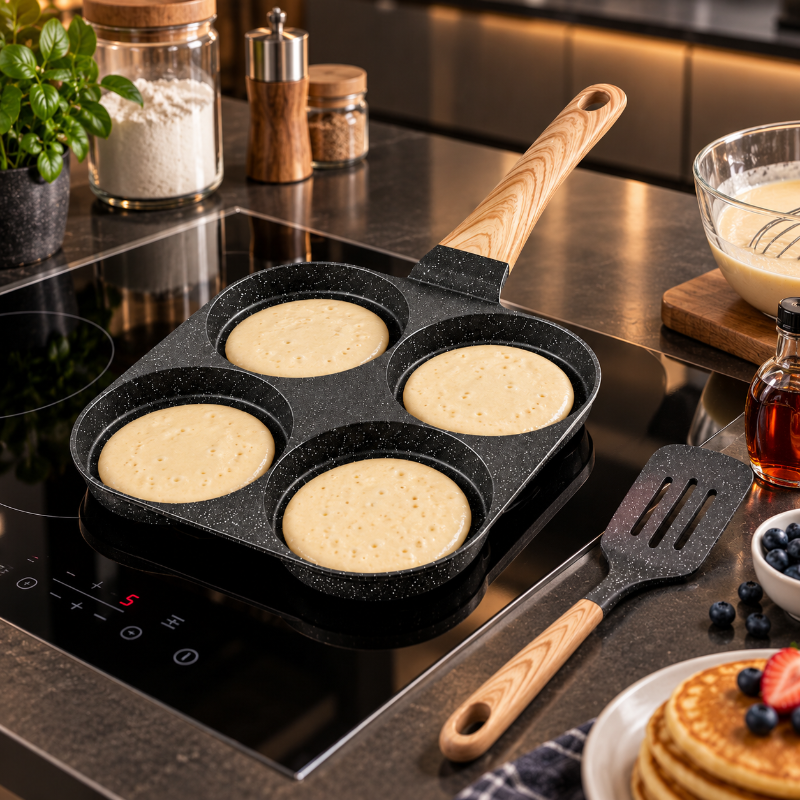 poêle crêpes induction 4 compartiments avec pancakes cuits simultanément