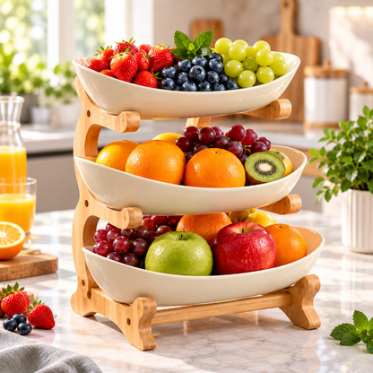 Présentoir a fruit 3 étages remplie de fraises, myrtilles, raisins, oranges et pommes